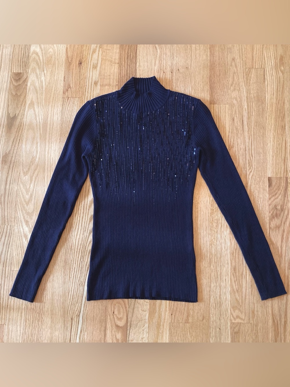 INC Navy Blue Dripped Sequin Sparkle Embellished Mockneck Sweater Sz S